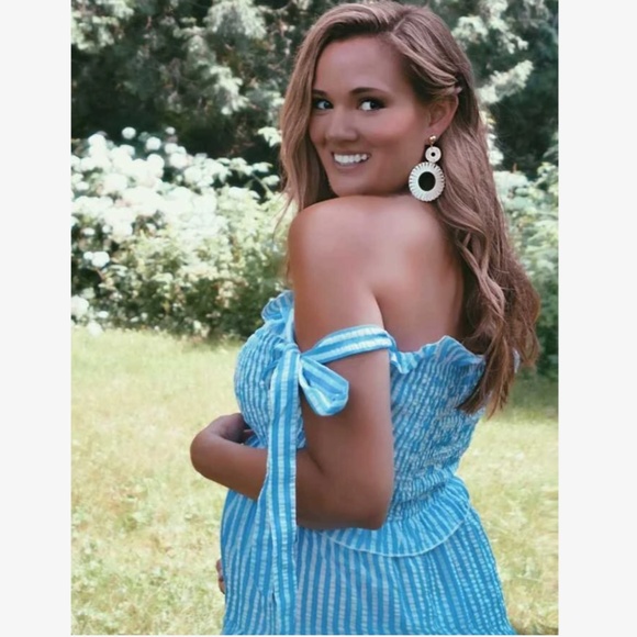 Striped Blue White Midi Dress Tie Straps Shirred Ruffle Detail - Picture 11 of 16